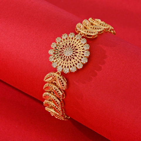 Luxurious Gold Plated Copper Zirconia Bracelet Flower Leaf Design Elegant Wedding Party Jewelry For Women