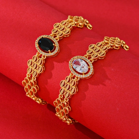 Bracelet de Luxe en Cuivre Plaqué Or Pour Femme Incrusté de Zircone Design de Fleur et Feuille Bijoux Pour Mariage Fête