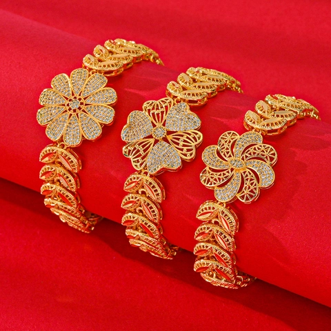 Gold Plated Copper Bracelet For Women Zirconia Floral Hollow Leaf Design Luxurious Middle East Style Hand Jewelry Jewelry