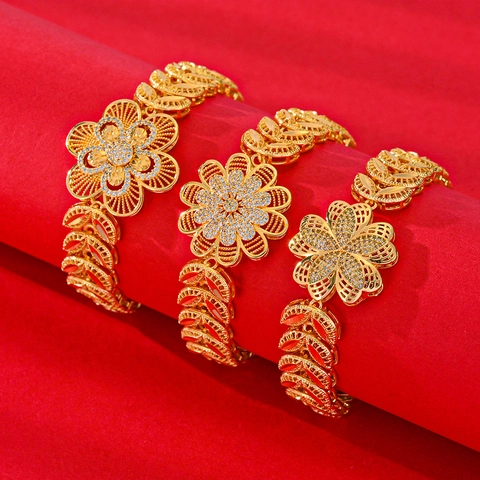 Luxury Gold Plated Copper Zircon Flower Bracelet For Women Elegant Hollow Out Leaf Chain Bracelet Wedding Party Jewelry