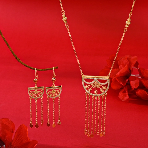 Vintage Gold Plated Copper Zirconia Tassel Necklace And Earrings Jewelry For Women Wedding Party Ethnic Hollow Jewelry