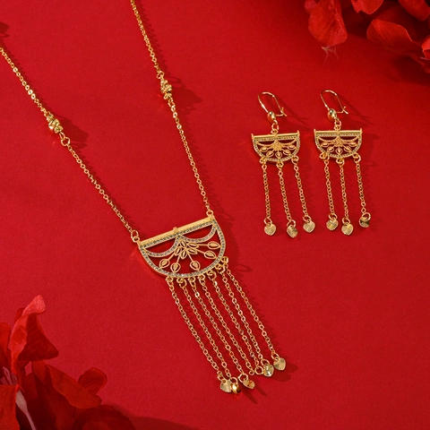 Vintage Gold Plated Copper Zirconia Tassel Necklace And Earrings Jewelry For Women Wedding Party Ethnic Hollow Jewelry