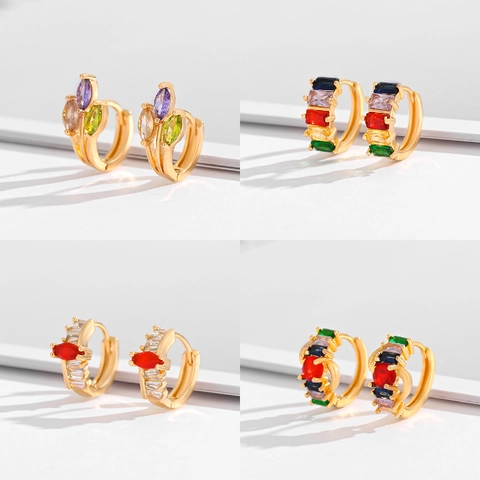 Luxury Gold Plated Copper Rhinestone Hoop Earrings For Women Colorful Marquise Square Gemstone Huggie Earrings Fashion Jewelry