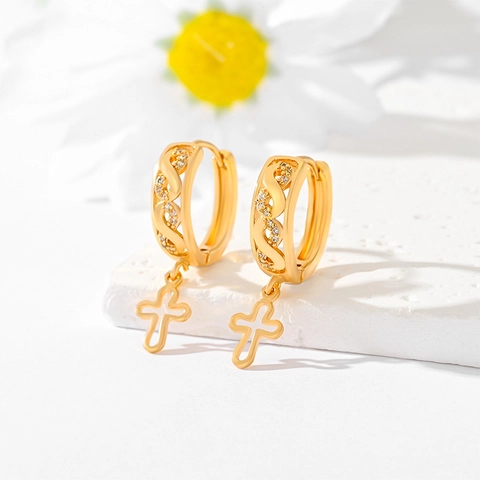 Luxury Copper Gold Plated Zirconia Cross Drop Earrings Vintage Fashion Religious Hollow Pendant Hoop Earrings Jewelry Women