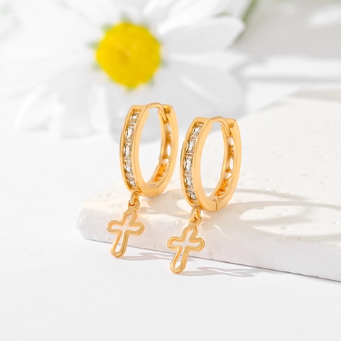 Gold Plated Copper Zirconia Cross Drop Hoop Earrings For Women Fashion Religious Heart Leaf Dragonfly Jewelry