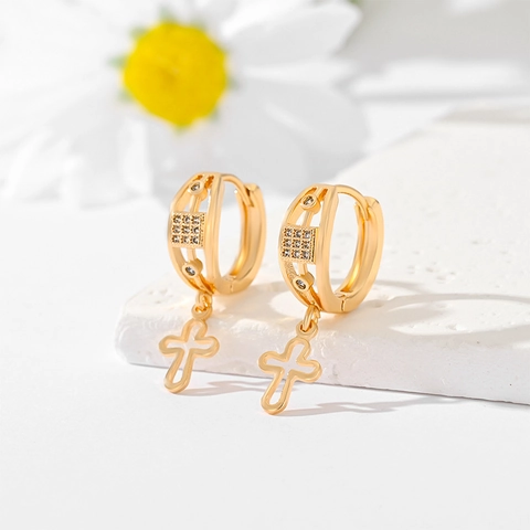 Fashion Gold Plated Copper Cross Pendant Hoop Earrings For Women Inlaid Zirconia Religious Style All Match Dangle Earrings