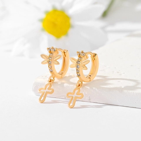 Fashion Gold Plated Copper Rhinestone Cross Drop Hoop Earrings For Women Religious Elegant Dangle Jewelry Accessories
