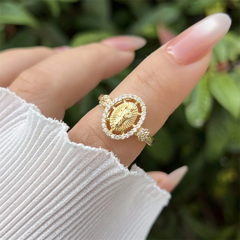 18K Vergoldeter Kupfer Jungfrau Maria Relief Offener Ring Für Damen Religiöser Zirkonia Eingelegter Verstellbarer Modeschmuck