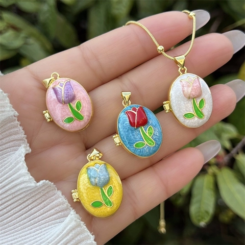 Vintage 18K Gold Plated Copper Tulip Enamel Locket Necklace Openable Oval Photo Holder Pendant Jewelry For Women
