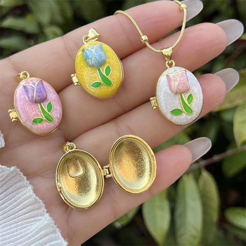 Vintage 18K Gold Plated Copper Tulip Enamel Locket Necklace Openable Oval Photo Holder Pendant Jewelry For Women