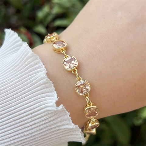 Vintage Copper 18K Gold Plated Cubic Zirconia Geometric Bracelet For Women Adjustable Multi Color Square Stone Jewelry