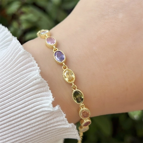 Luxury 18K Gold Plated Copper Oval Cubic Zirconia Bracelet For Women Retro Multi Color Gemstone Link Chain Adjustable Jewelry