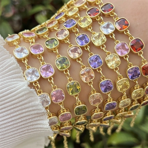 Vintage Copper 18K Gold Plated Cubic Zirconia Geometric Bracelet For Women Adjustable Multi Color Square Stone Jewelry