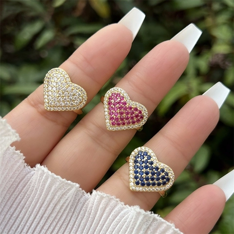 Anillo Abierto Corazón Cobre Chapado Oro 18K Con Circonita Cúbica Pave Incrustado Ajustable Joyería Moda Mujer Regalo