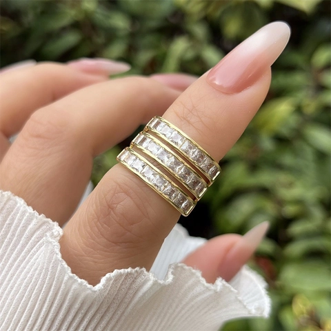 18K Gold Plated Copper Zirconia Inlaid Geometric Layered Adjustable Open Ring For Women Simple Fashion Jewelry Accessory