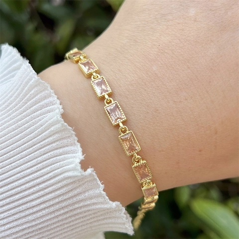 Vintage 18K Vergoldetes Kupfer Armband Für Damen Bunte Quadratische Zirkonia Pave Eingelegt Verstellbare Gliederkette Armband