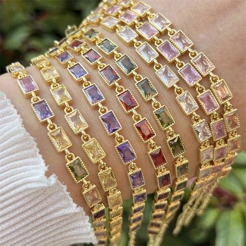 Vintage 18K Vergoldetes Kupfer Armband Für Damen Bunte Quadratische Zirkonia Pave Eingelegt Verstellbare Gliederkette Armband
