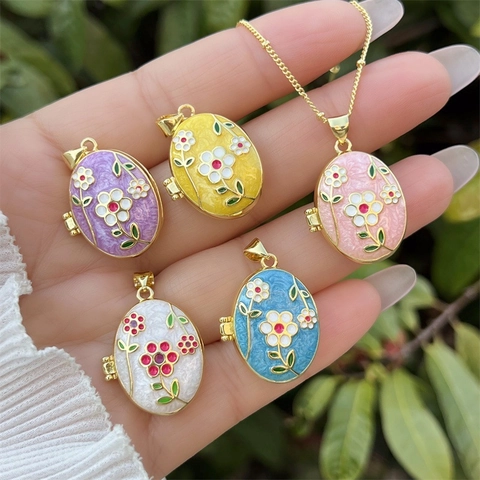Vintage 18K Gold Plated Copper Enamel Floral Locket Necklace For Women Oval Photo Pendant Necklace Minimalist Daily Jewelry