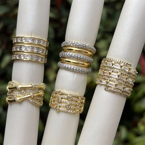 18K Gold Plated Copper Zirconia Inlaid Geometric Layered Adjustable Open Ring For Women Simple Fashion Jewelry Accessory