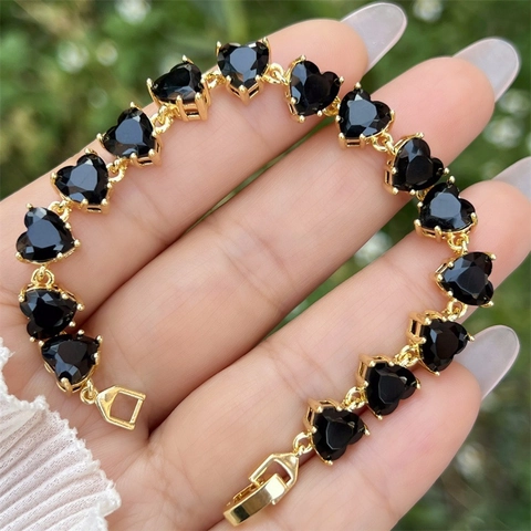 Pulsera de Tenis de Corazón de Zirconia de Cobre Chapado en Oro de 18K para Mujer Joyería Elegante Romántica Accesorio de Muñeca