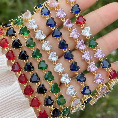 Pulsera de Tenis de Corazón de Zirconia de Cobre Chapado en Oro de 18K para Mujer Joyería Elegante Romántica Accesorio de Muñeca