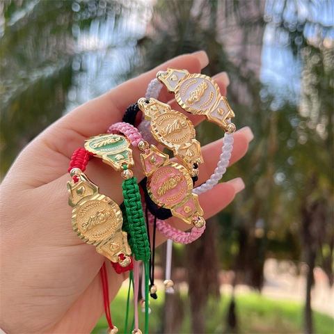 18K Gold Plated Copper Religious Virgin Mary San Judas Relief Hand-Woven Rope Bracelet For Women Adjustable Catholic Jewelry