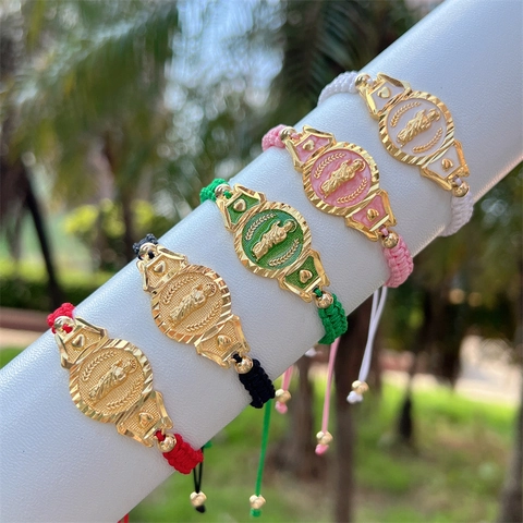 18K Gold Plated Copper Religious Virgin Mary San Judas Relief Hand-Woven Rope Bracelet For Women Adjustable Catholic Jewelry