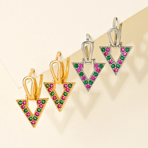 Geometric Copper Zircon Earrings Gold Silver Plated Colorful Rhinestone Heart Star Triangle Earrings For Women Jewelry