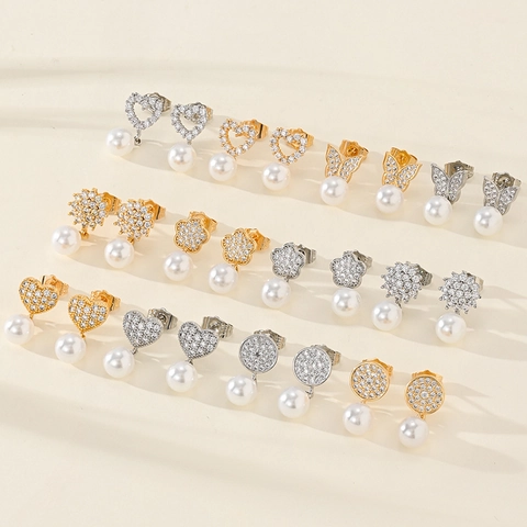Geometric Copper Rhinestone Artificial Pearl Drop Earrings For Women Elegant Heart Flower Butterfly Inlaid Jewelry Accessory