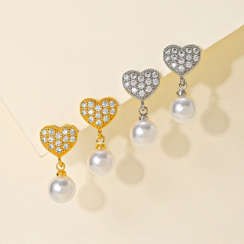 Geometric Copper Rhinestone Artificial Pearl Drop Earrings For Women Elegant Heart Flower Butterfly Inlaid Jewelry Accessory