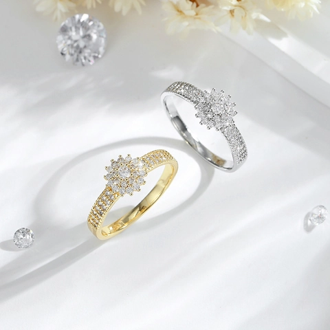 Fashion Zircon Flower Ring For Women Gold Silver Plated Copper Inlaid Zirconia Party Jewelry Finger Ring Wedding Band
