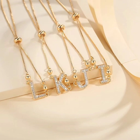 Fashion Gold Plated Copper Alphabet Letter Pendant Bracelet Adjustable Slide Clasp Zirconia Inlaid Jewelry Gift For Women