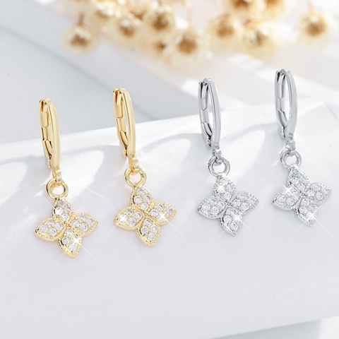 Pendientes de Aro de Cobre con Trébol de Cuatro Hojas Colgante Flor con Diamantes de Imitación para Mujer Joyería de Moda Regalo