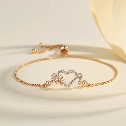 Vergoldetes Kupfer Zirkonia Herz Armband Verstellbare Slider Kette Schleife Herz Anhänger Armband Für Damen Schmuck Geschenk