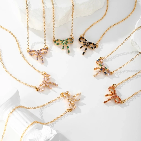 Fashion Bowknot Pendant Necklace For Women Copper Gold Silver Plated Zirconia Inlaid Bow Tie Clavicle Chain Jewelry Gift