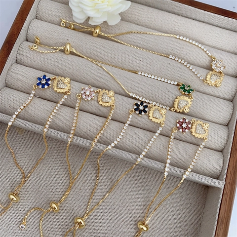 18K Gold Plated Copper Bracelet For Women Zircon Flower Heart Cross Pendant Adjustable Bolo Tennis Chain Jewelry Gift