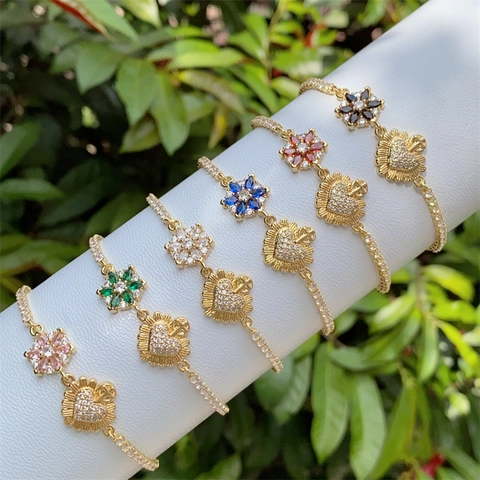 18K Gold Plated Copper Bracelet For Women Zircon Flower Heart Cross Pendant Adjustable Bolo Tennis Chain Jewelry Gift
