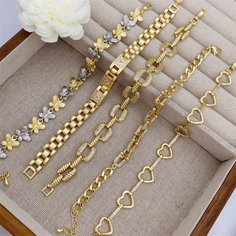 Luxus 18K Vergoldet Messing Zirkonia Armband Für Damen Vintage Herz Schmetterling U-Gliederkette Elegant Schmuck Geschenk