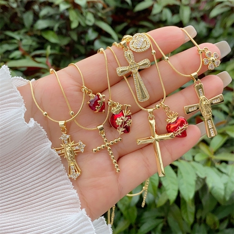 18K Vergoldet Kupfer Kreuz Anhänger Halskette Für Herren Damen Rotes Heiliges Herz Jungfrau Maria Religiöser Vintage Schmuck