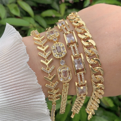 Mode 18K Verguld Koperen Armband Met Gekleurde Zirconia Emaille Geometrische Cubaanse Ketting Armband Voor Dames Valentijn Cadeau