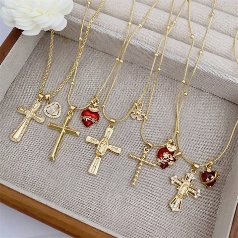 18K Vergoldet Kupfer Kreuz Anhänger Halskette Für Herren Damen Rotes Heiliges Herz Jungfrau Maria Religiöser Vintage Schmuck