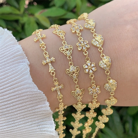 Pulsera de Cobre Chapado en Oro de 18K con Circonita Cúbica Corazón Cruz Flor para Mujer Joyería de Moda Ajustable Regalo
