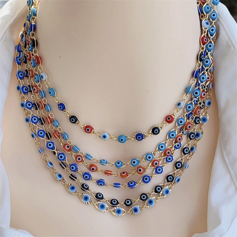 Set Gioielli Malocchio Rame Placcato Oro Smalto Perline Collana E Bracciale Stratificato Donna Gioielli Portafortuna Bohemian