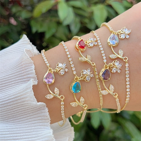 Elegant Verguld Koperen Gekleurde Zirconia Tulp Vlinder Verstelbare Armband Voor Dames Valentijnsdag Sieraden Cadeau