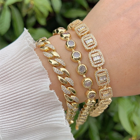 18K Vergoldetes Kupfer Zirkonia Armband Für Damen Mode Rechteckig Panzerkette Rund Fassung Schmuck Geschenk