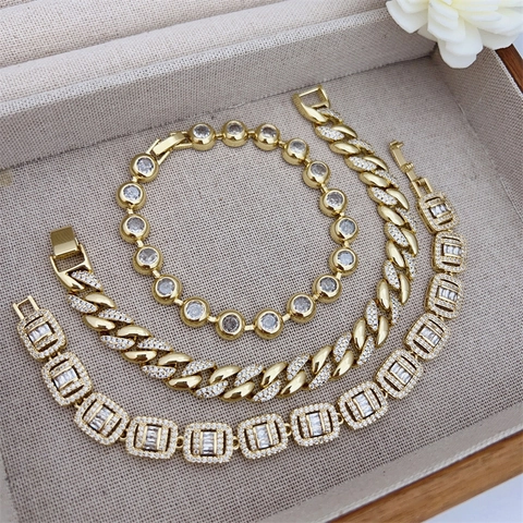18K Vergoldetes Kupfer Zirkonia Armband Für Damen Mode Rechteckig Panzerkette Rund Fassung Schmuck Geschenk