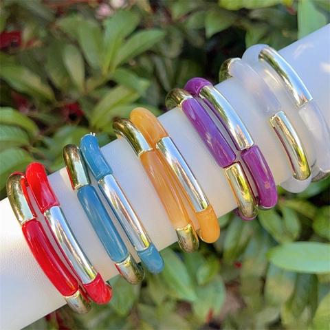 Resin Bamboo Tube Bracelet For Women Minimalist Colorful Acrylic Alloy Elastic Stretch Bangle Fashion Jewelry Gift For Her