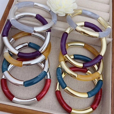 Resin Bamboo Tube Bracelet For Women Minimalist Colorful Acrylic Alloy Elastic Stretch Bangle Fashion Jewelry Gift For Her