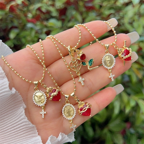 Vintage Collana Con Ciondolo Cuore Sacro Croce in Rame Placcato Oro 18K Con Zirconia Per Donna Gioielli Squisiti Quotidiani Regalo