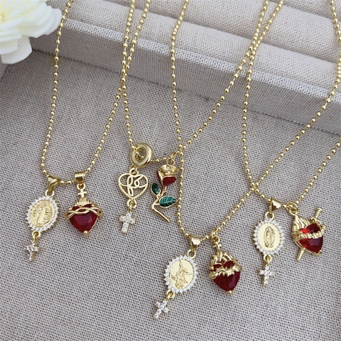 Vintage Collana Con Ciondolo Cuore Sacro Croce in Rame Placcato Oro 18K Con Zirconia Per Donna Gioielli Squisiti Quotidiani Regalo